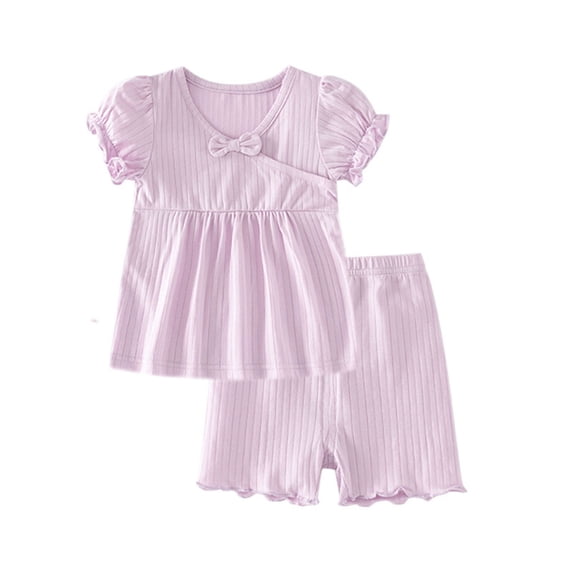 Hienoo Newborn Girls Clothes Outfits Cotton Solid Ruffle Short Sleeve Tee Shorts Set