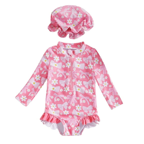 Hienoo Newborn Girls One Piece Swimsuit Bow Prints Long Sleeve Rash Guard Hat Bathing Suit