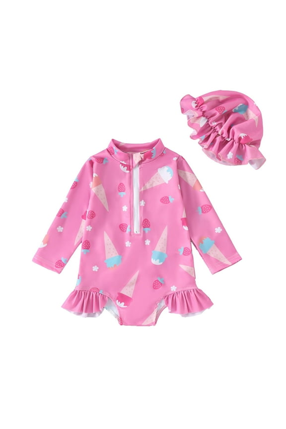 Newborn Girls One-Piece Swimsuit Ice Cream Print Zipper Long Sleeve Bathing Suit
