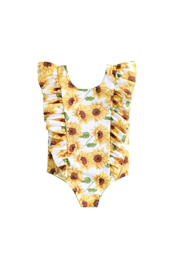 Newborn Girls One-Piece Swimsuit Sunflower Print Ruffle Bathing Suit UPF 50+ Swimwear