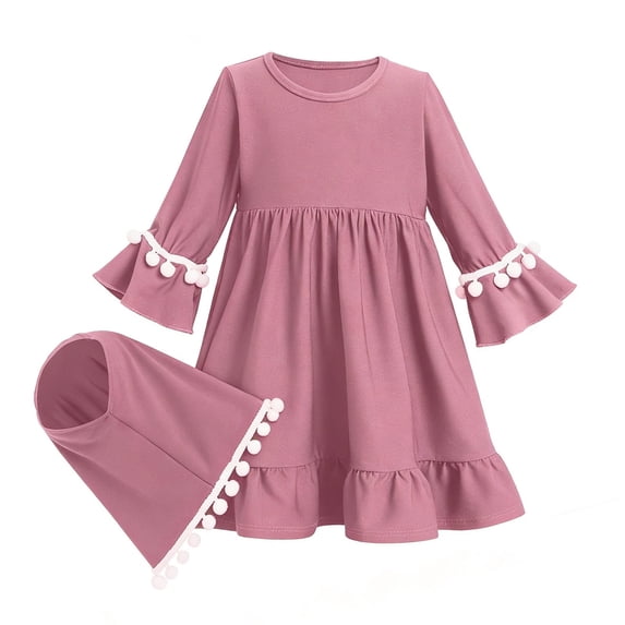 Hienoo Newborn Girls Outfits Solid Tassels Long Sleeve Ruffle Abaya Dress Hijab 2Pcs Set
