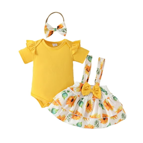 Hienoo Newborn Girls Outfits Sunflower Print Short Sleeve Romper Skirt with Headband Set