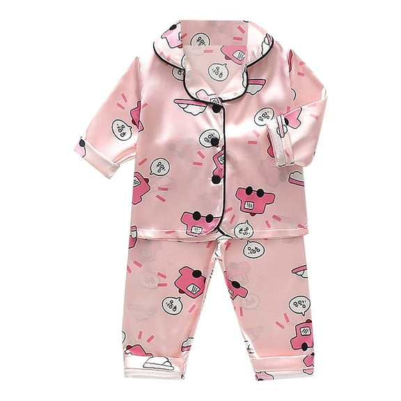 Hienoo Newborn Girls Satin Cartoon Long Sleeve Button Shirt and Pants Pajamas, Sizes 6M-4T