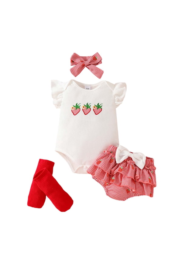 Newborn Girls Summer Outfits Butterfly Print Romper Ruffle Skort Stocking Headband 4Pcs Set, Sizes 0-18M