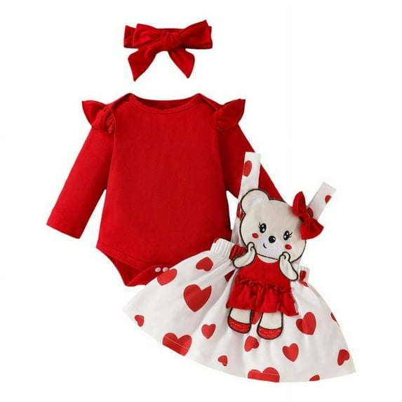 Hienoo Newborn Girls Valentine's Day Long Sleeve Romper Cartoon Bear Dress with Headband
