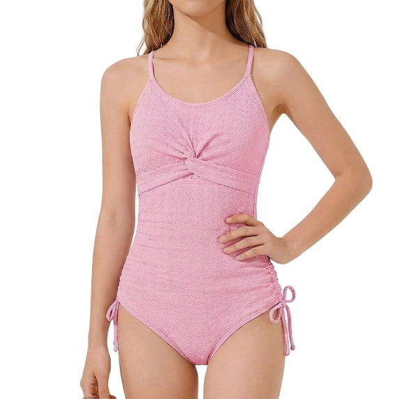 Hienoo One-Piece Swimsuit for Girls Solid Ruched Bathing Suit with Side Ties, Sizes 7-16