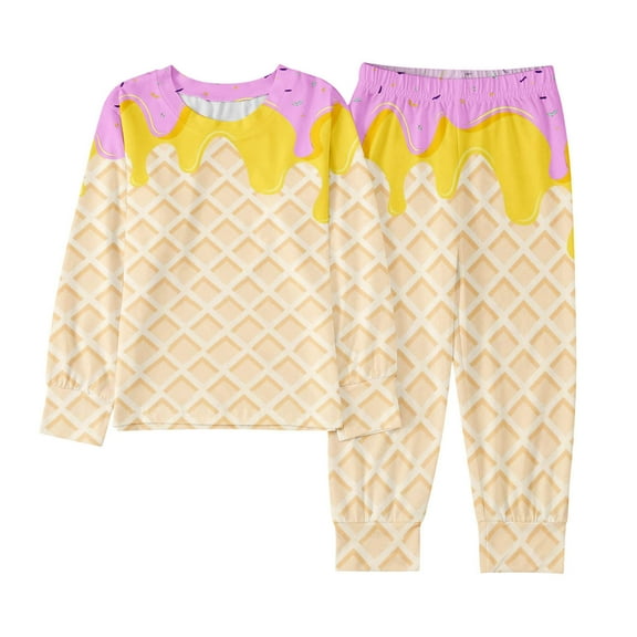 Hienoo Pajamas for Boys Girls Ice-Cream Print Long Sleeve T Shirt Pants Set, Sizes 2-10