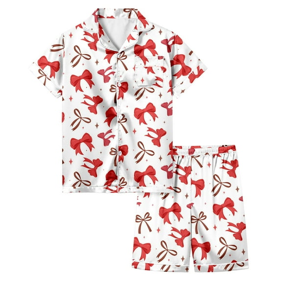 Hienoo Satin Silk Short Sleeve Pajamas Set for Girls Bow Print Cozy Sleepwear Homewear