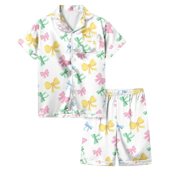 Hienoo Satin Silk Short Sleeve Pajamas Set for Girls Bow Print Sleepwear Jammies Pjs