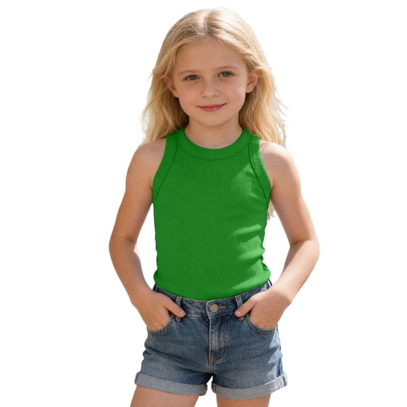 Hienoo Summer Girls Ribbed Tank Top Casual Solid Crewneck Sleeveless Shirt, Sizes 2-12