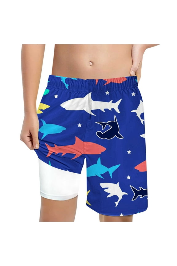 Teen Boys Shark Print Compression Liner Swim Trunks Beach Shorts