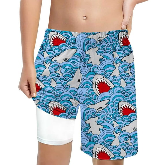Hienoo Teen Boys Shark Print Swim Trunks with Compression Liner Beach Shorts