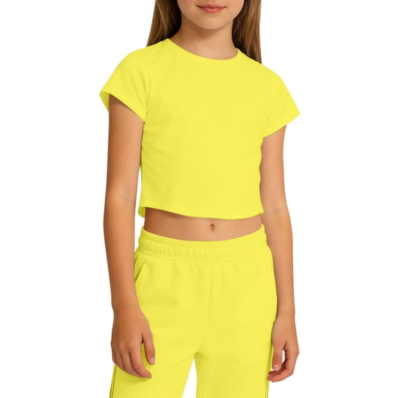 Hienoo Girls' Short Sleeved T Shirt Solid Crew Neck Crop Top Casual Summer Tee