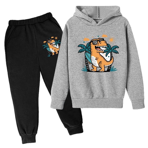Hienoo Toddler Boy's Sport Sweatsuit Cute Cartoon Dinosaur Print Hoodie Sweatpants Outfits