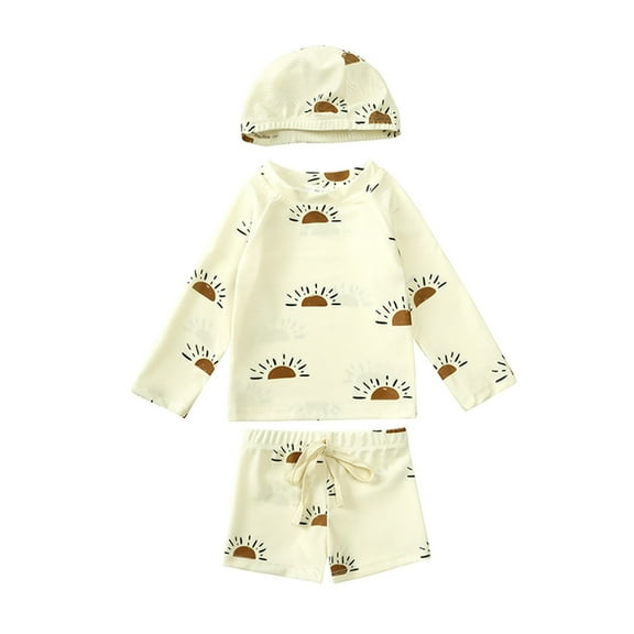 Hienoo Toddler Boys 3Pcs Swimsuit Long Sleeve Rash Guard Shorts Hat Quick Dry Bathing Suit