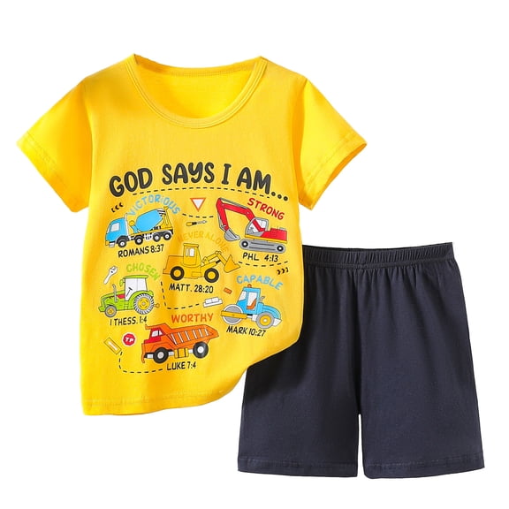 Hienoo Toddler Boys Casual Outfits Excavator Print Short Sleeve T-Shirt Shorts Summer Clothes Set, Sizes 2-3T