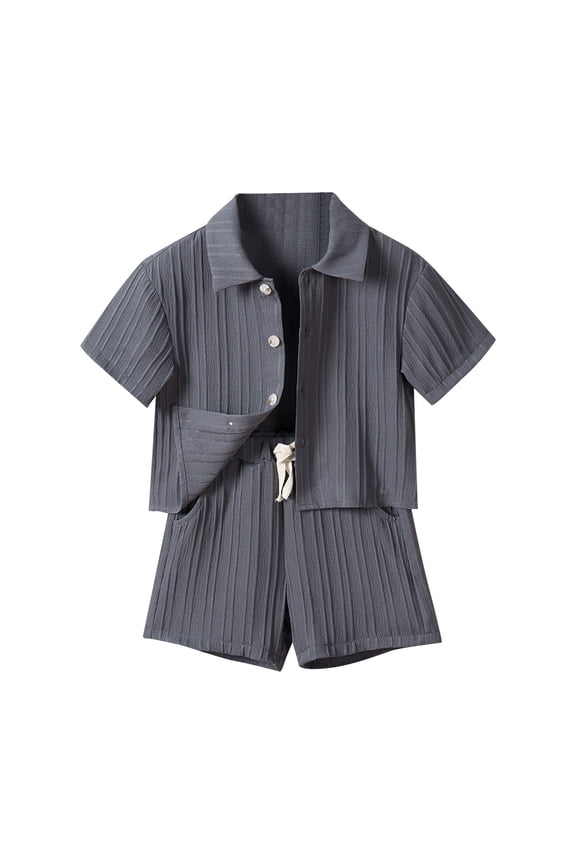 Toddler Boys Casual Outfits Solid Short Sleeve Button Down Shirt & Shorts Set, Grey