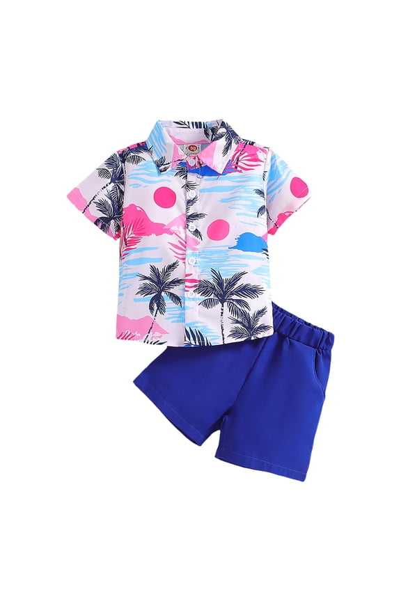 Toddler Boys Hawaii Beach Outfits Short Sleeved Button-Up Shirt and Shorts Clothes Set