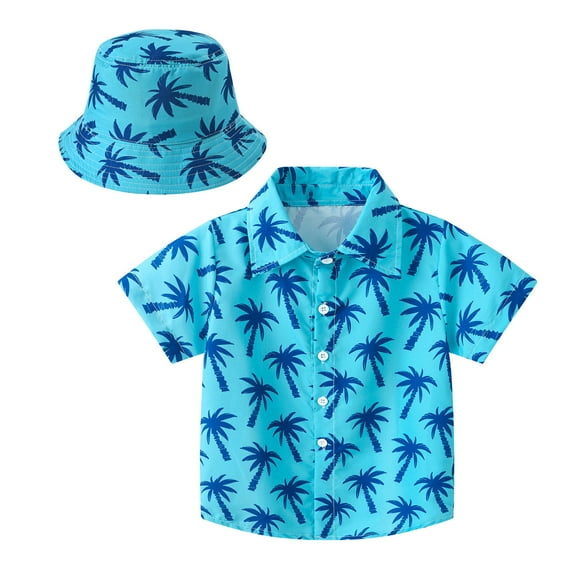 Hienoo Toddler Boys Hawaii Beach Shirt Short Sleeve Button Down Shirt & Hat, Sizes 2-12