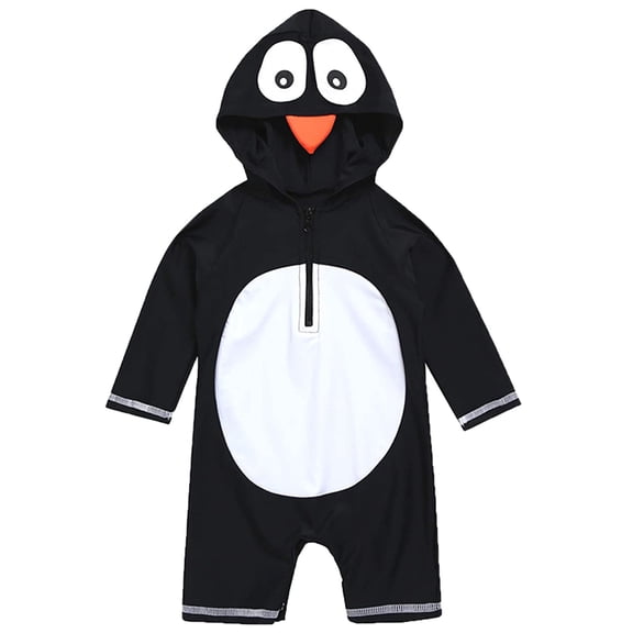 Hienoo Toddler Boys Long Sleeve Cartoon Penguin Hooded One-Piece Swimsuit Swimwear Onesie