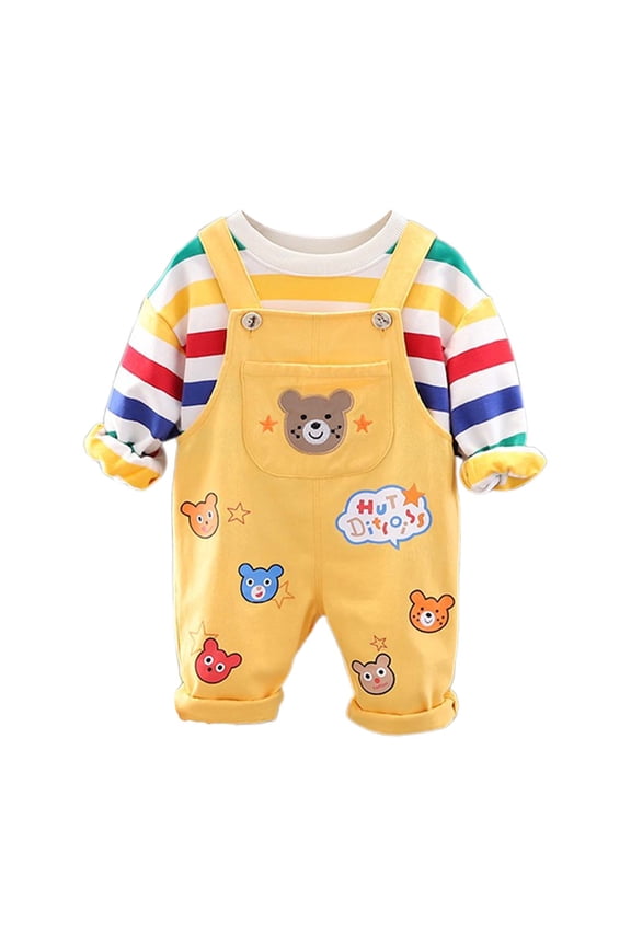 Toddler Boys Long Sleeve Striped T-Shirt Bear Print Overalls Outfits, Sizes 1-2Y