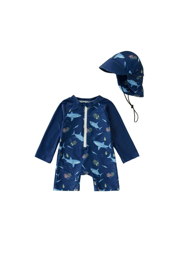Toddler Boys One Piece Swimsuit Long Sleeve Shark Rash Guard Sun Hat UPF 50+ Zipper Bathing Suit, Sizes 6M-5T