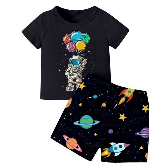 Hienoo Toddler Boys Outfits Cartoon Astronaut Print Short Sleeve T-Shirt Shorts Set, Sizes 3-4T