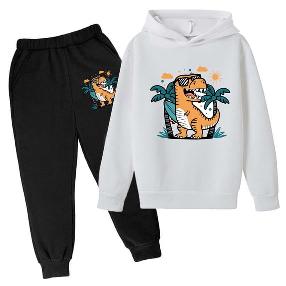 Hienoo Toddler Boys Outfits Cartoon Dinosaur Print Hoodie Jogger Pants Casual Sweatsuit