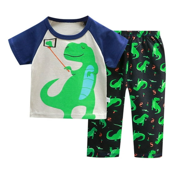 Hienoo Toddler Boys Pajamas Cartoon Dinosaur Print Short Sleeve T-Shirt Pants Sleepwear Set, Sizes 3-4T