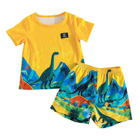 Hienoo Toddler Boys Summer Outfits Dinosaur Print Short Sleeve T-Shirt Shorts Set, Sizes 3-4T