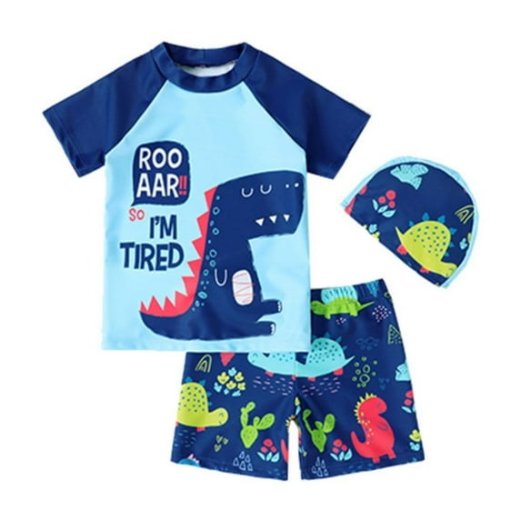 Hienoo Toddler Boys Swimsuit Cartoon Dinosaur Print Swim Trunks Short Sleeve Rash Guard Bathing Suits