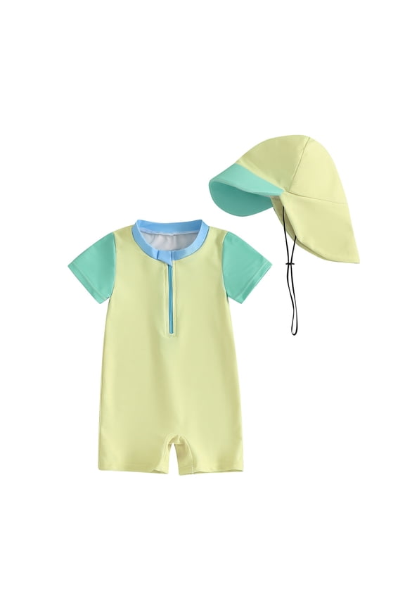 Toddler Boys Swimwear Baby Rash Guard UPF 50+ Sun Suit One-Piece Swimsuit Sunhat Set, Sizes 2-3