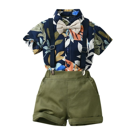 Hienoo Toddler Boys Vacation Style Suit Short Sleeve Beach Shirt Suspender Shorts Outfits