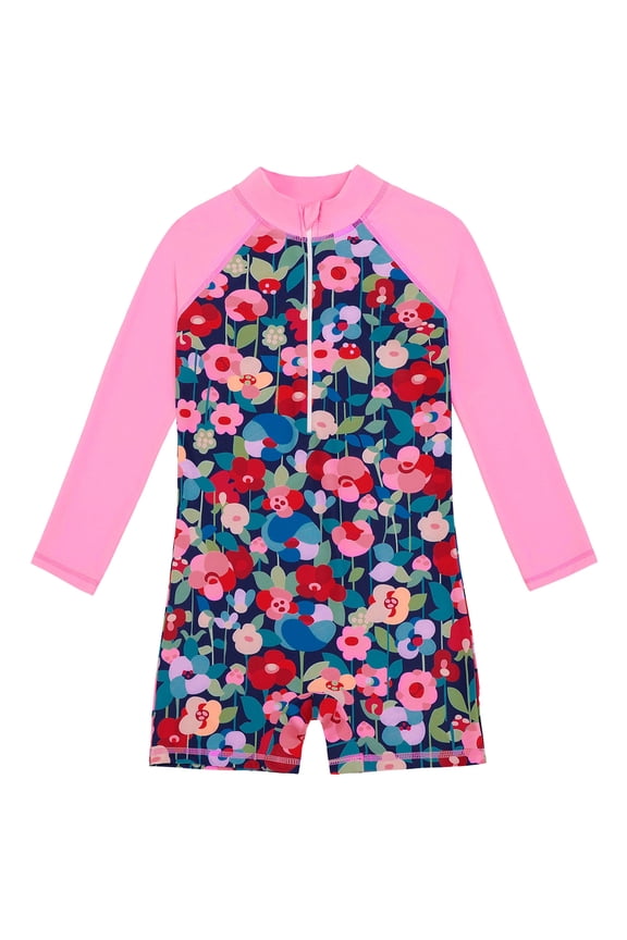 Toddler Girl Floral One Piece Swimsuit Long Sleeve Rash Guard Bathing Suit Swimwear
