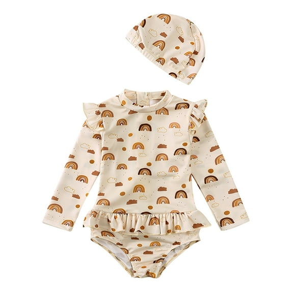 Hienoo Toddler Girl One-Piece Swimsuit Long Sleeve Ruffle Rash Guard Bathing Suit with Hat