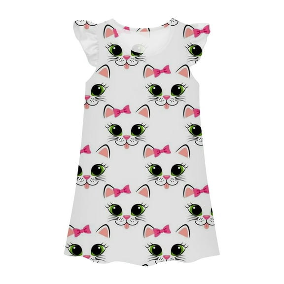 Hienoo Toddler Girl's Nightdress Cute Cat Print Flutter Sleeves Nightgown Sleepshirt, Sizes 3-10