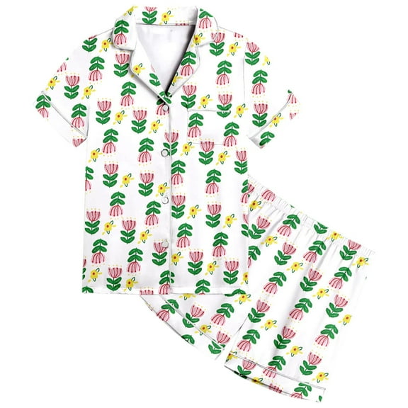 Hienoo Toddler Girl's Pajamas Floral Short Sleeve Button Top Shorts Set Homewear Sleepwear