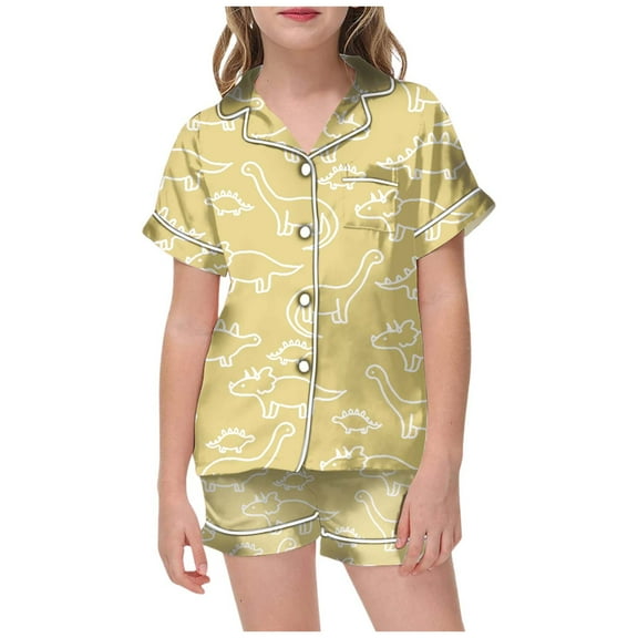 Hienoo Toddler Girls 2-Piece Pajamas Dinosaur Print Short Sleeve Top & Shorts Sleepwear