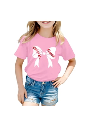 Toddler Girls Baseball Bow Prints T Shirt Short Sleeve Round Neck T-Shirt Graphic Tee