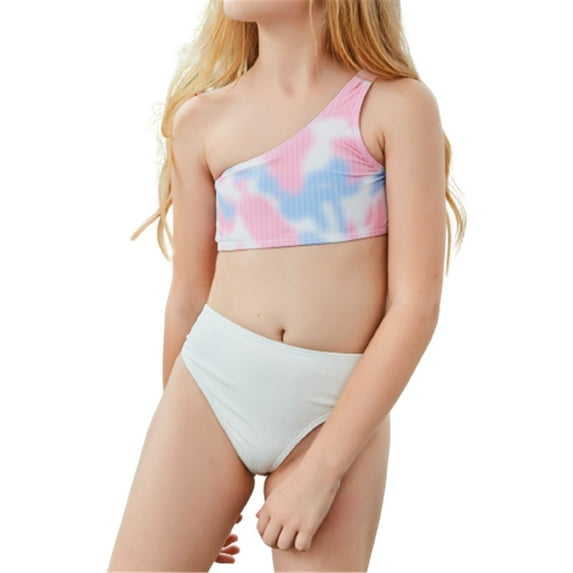 Hienoo Toddler Girls Bikini Swimsuits Tie-Dye One Shoulder Swimwear Beach Bathing Suit