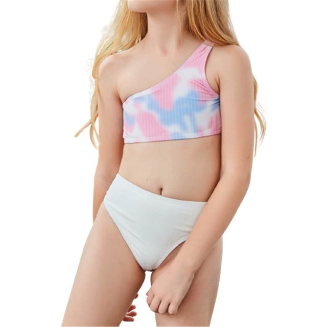 Hienoo Toddler Girls Bikini Swimsuits Tie-Dye One Shoulder Swimwear Beach Bathing Suit