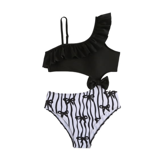 Hienoo Toddler Girls Bow Ruffle One Shoulder One-Piece Swimsuit Beach Cutout Bathing Suit
