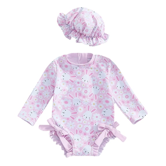 Hienoo Toddler Girls Bunny Floral One-Piece Swimsuit Long Sleeve Ruffle Rash Guard & Hat 2Pcs Bathing Suit, Sizes 3M-3T