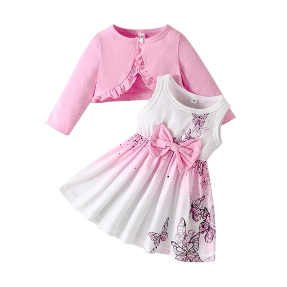 Hienoo Toddler Girls Butterfly Print Bow Sleeveless Dress & Long Sleeve Coat Outfits, Sizes 18-24M