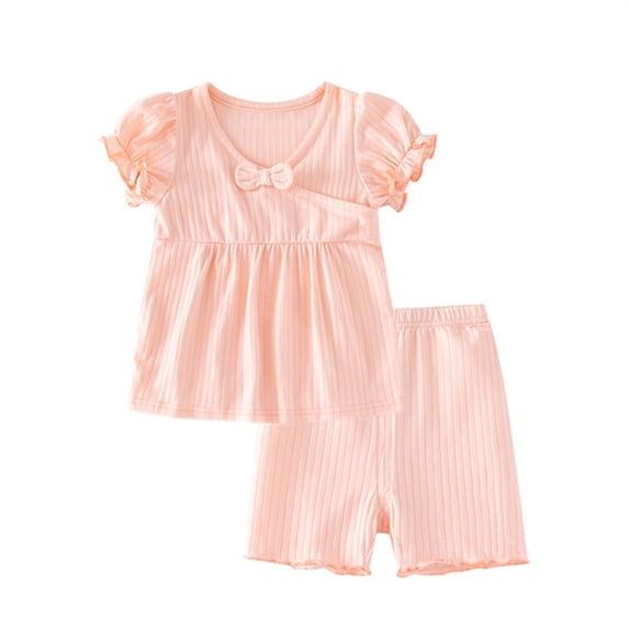 Hienoo Toddler Girls Clothes Outfits Cotton Solid Ruffle Short Sleeve Tshirt Shorts Set