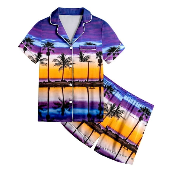 Hienoo Toddler Girls Coconut Tree Prints Short Sleeve Top & Shorts Pajamas Sleepwear Pj's