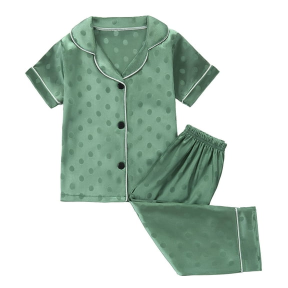 Hienoo Toddler Girls Dots Pajamas Short Sleeve Button-Down Shirt Pants 2-Piece Sleepwear Set
