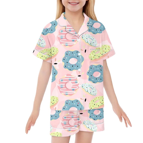 Hienoo Toddler Girls Doughnut Prints Short Sleeve Top & Shorts Sleepwear Pajamas Homewear