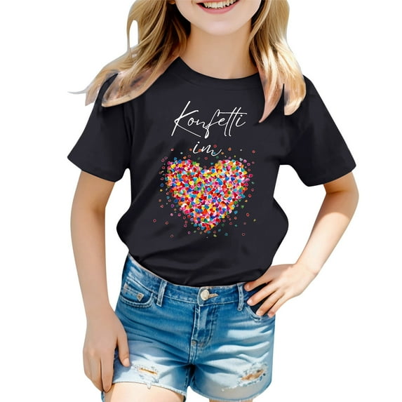 Hienoo Toddler Girls Graphic T Shirt Heart Print Short Sleeved Carnival Tshirt, Sizes 1-13