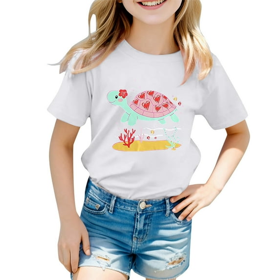 Hienoo Toddler Girls Graphic Tee Turtle Print Short Sleeve Casual T-Shirt, Sizes 12M-13T
